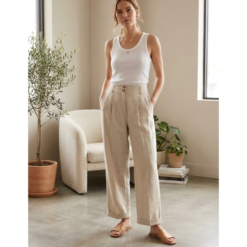 Vintage Esprit Womens Beige 100% Linen High Waisted Pleated Wide Leg Pants Sz 4